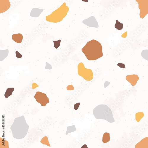 Venetian terrazzo seamless pattern. Modern abstract endless texture with small fragments of stones. Trendy floor tile with repeatable geometric organic irregular shapes. Colorful vector illustration