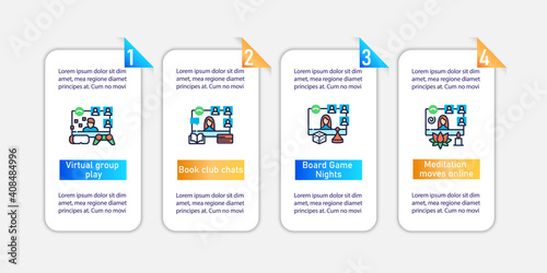 Meeting together vector infographics. Online conference concept. Remote video communication template for presentations ,workflow layout, info chart, banner. Mobile app pages screen with 4 concepts