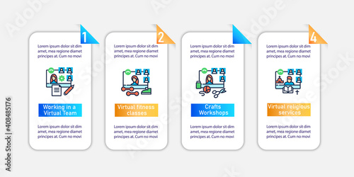 Meeting together vector infographics. Online conference for friends .Remote video communication template for presentations ,workflow layout, info chart, banner. Mobile app pages screen with 4 concepts