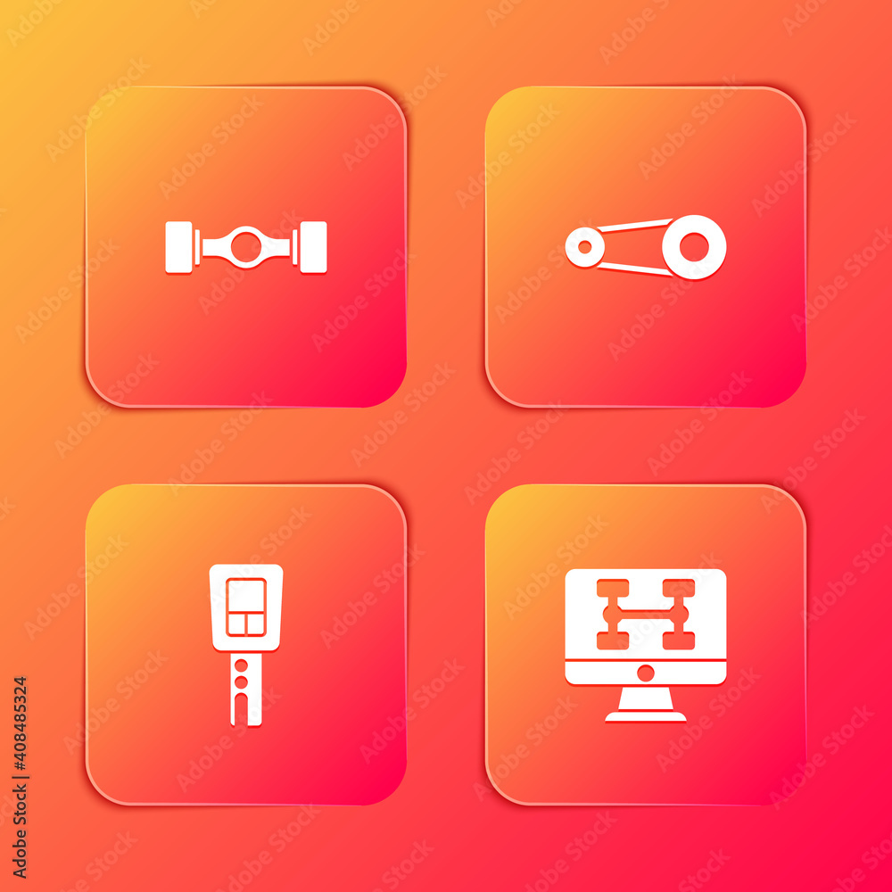 Set Chassis car, Timing belt kit, Car key with remote and Diagnostics condition of icon. Vector. Set Chassis car, Timing belt kit, Car key with remote and Diagnostics condition of icon. Vector.