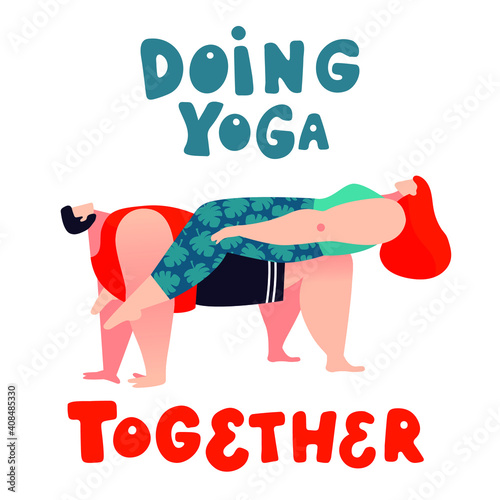 Vector illustrations in trendy cartoon design. Man and woman practicing couple yoga asana. Concept for wellness, lifestyle and spending time together.
