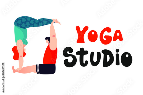 Vector illustrations in trendy cartoon design. Man and woman practicing couple yoga asana. Concept for yoga studio, wellness, lifestyle and spending time together.