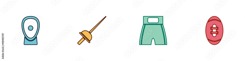 Set Boxing training paws, Fencing, short and American Football ball icon. Vector.