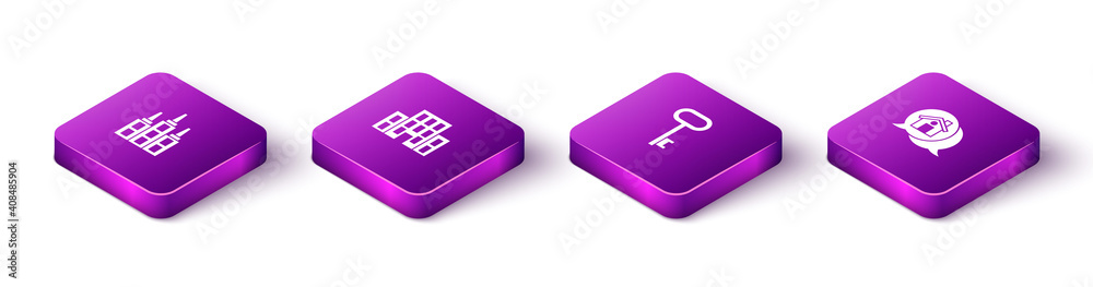 Set Isometric Skyscraper, House, key and Real estate message house icon. Vector. Set Isometric Skyscraper, House, key and Real estate message house icon. Vector.