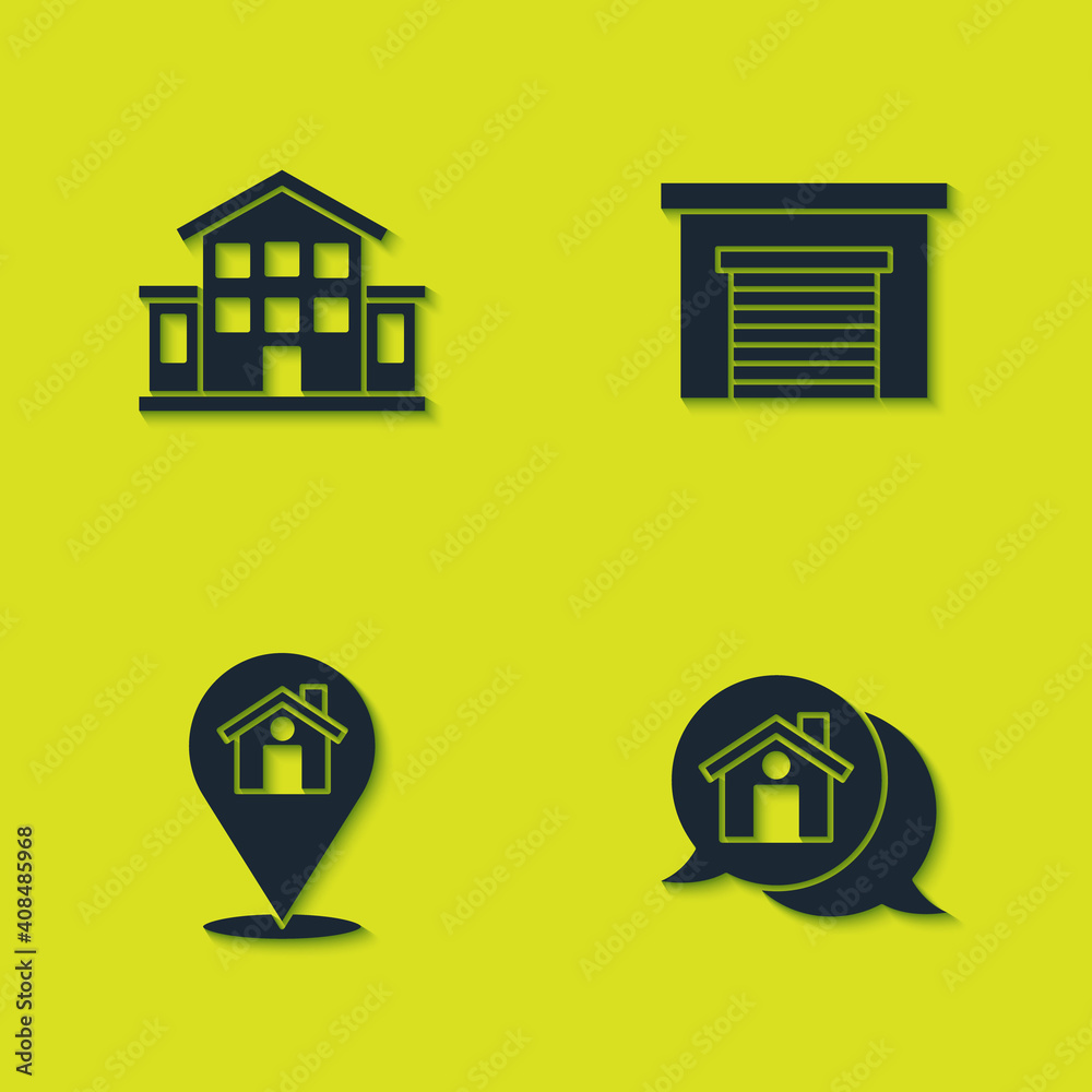 Set House, Real estate message house, Location with and Garage icon. Vector.
