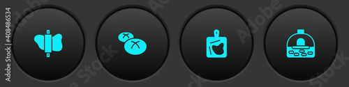 Set Rolling pin on dough, Bread loaf, Cutting board and Brick stove icon. Vector.