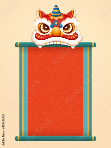 Scroll with Chinese lion dance head