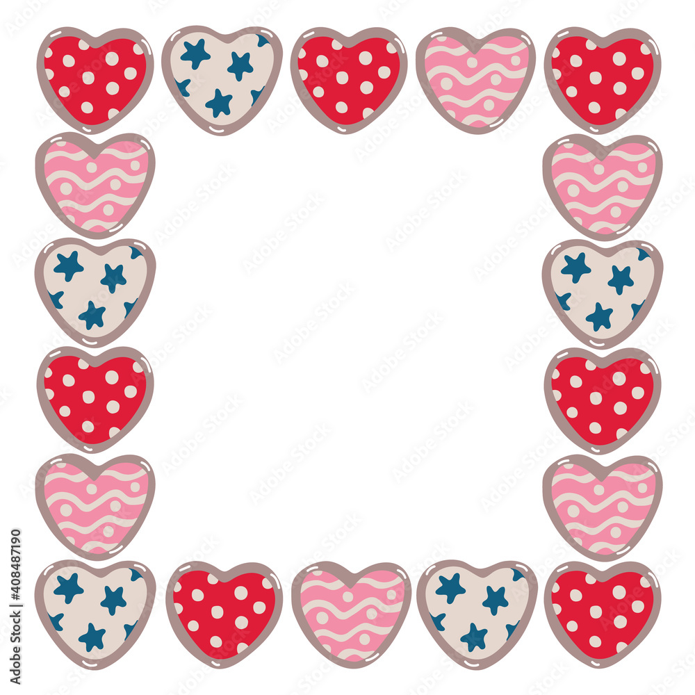 Vector frame with Valentine's day decoration in hand drawn flat style. Social media square format. Illustration of hearts decorated with patterns, stars, polka dots. Isolated on white background.
