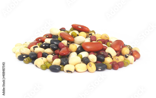 Heap of different beans isolated on white background. Beans assortment.