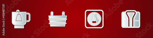 Set Cup of tea with tea bag, Sauna bucket, thermometer and Bathrobe icon. Vector.