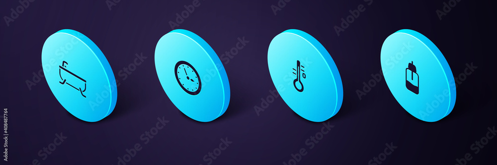 Set Isometric Essential oil bottle, Sauna thermometer, clock and Bathtub icon. Vector. Set Isometric Essential oil bottle, Sauna thermometer, clock and Bathtub icon. Vector.