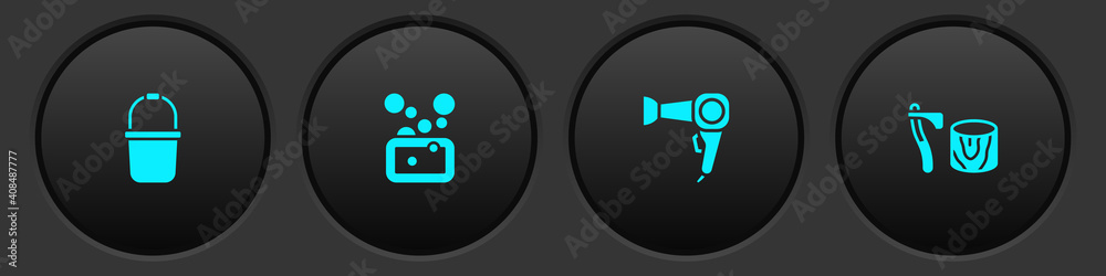 Set Sauna bucket, Bar of soap, Hair dryer and Wooden axe in stump icon. Vector. Set Sauna bucket, Bar of soap, Hair dryer and Wooden axe in stump icon. Vector.