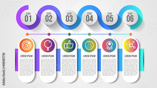 Infographic modern timeline design vector template for business with 6 steps or options illustrate a strategy. Can be used for workflow layout, diagram, annual report, web design, team work.