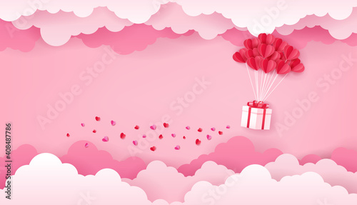 Love and Valentines day concept  Paper art of red heart shaped balloon and white gift box flying on the pink sky with cloud