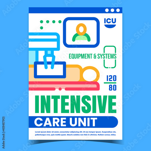 Intensive Care Unit Creative Promo Banner Vector. Intensive Healthcare Equipment And Systems Advertising Poster. Mri Hospital Device For Examination Patient Concept Template Style Color Illustration