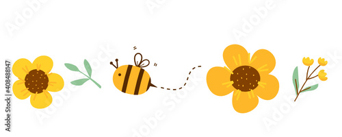 Hand drawn sunflower and cartoon bee icon on white background vector illustration.