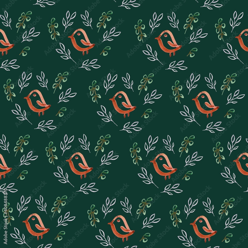 Cute cozy seamless watercolor pattern with birds and leaves in provence, vintage style Cute cozy seamless watercolor pattern with birds and leaves in provence, vintage style