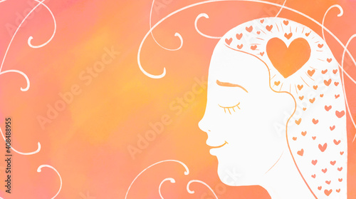 Self-love. A girl with hearts in her thoughts  in her head. Banner on the theme of love. Profile of a girl in love