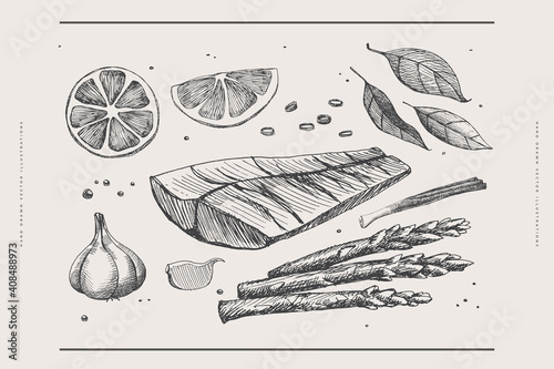 Hand-drawn fish fillet, garlic, lemon, laurel, asparagus, onion on a white background isolated. A set of products for cooking fish. Design element for posters, packaging for cafes, restaurants.