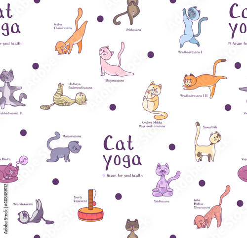 Fototapeta Naklejka Na Ścianę i Meble -  Vector pattern of cat yoga characters on a light background. Set of cats in asanas. For printing on clothing or products.