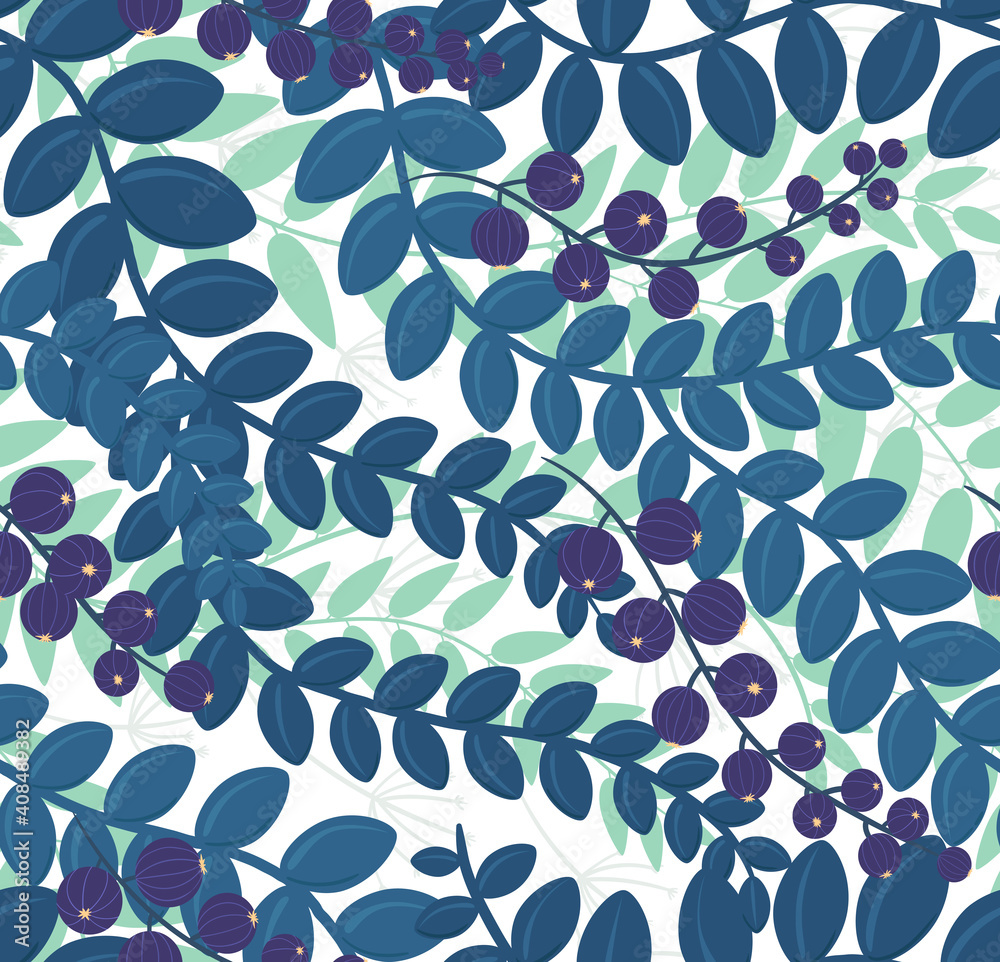 Seamless pattern with a floral pattern of curly leaves and berries on a light background. For printing on fabric or paper.