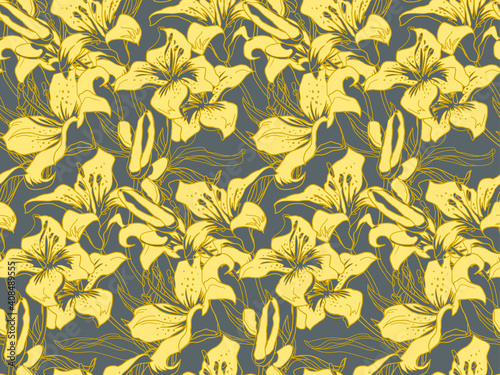 Trendy color Yellow illuminating silhouettes of lily flowers  buds and leaves on ultimate gray background. Seamless pattern drawn by hand in freehand style. Home textile  wallpaper  fabric  package.