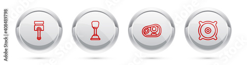 Set line Engine piston, Gear shifter, Car headlight and audio speaker. Silver circle button. Vector.