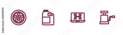 Set line Car wheel, Diagnostics condition of car, Canister for motor oil and air pump icon. Vector.