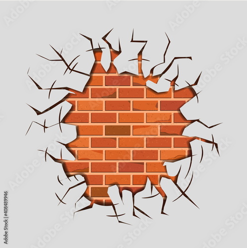 Decorative hole / fracture with cracks. Vector frame. Red brick wall inside the crumbling plaster.