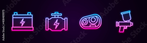 Set line Car battery, Check engine, headlight and Paint spray gun. Glowing neon icon. Vector.