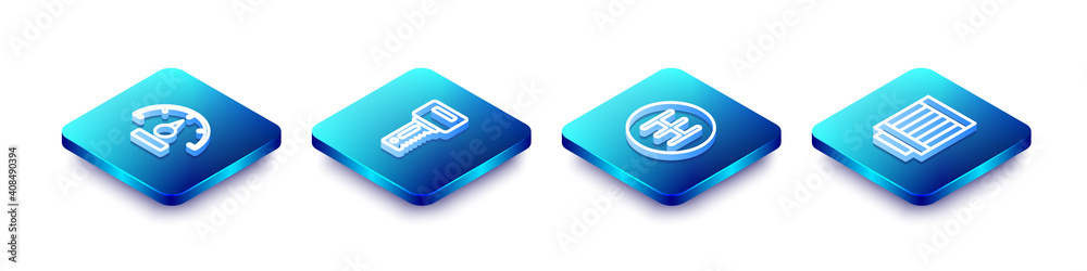 Set Isometric line Speedometer, Car key with remote, Gear shifter and air filter icon. Vector. Set Isometric line Speedometer, Car key with remote, Gear shifter and air filter icon. Vector.
