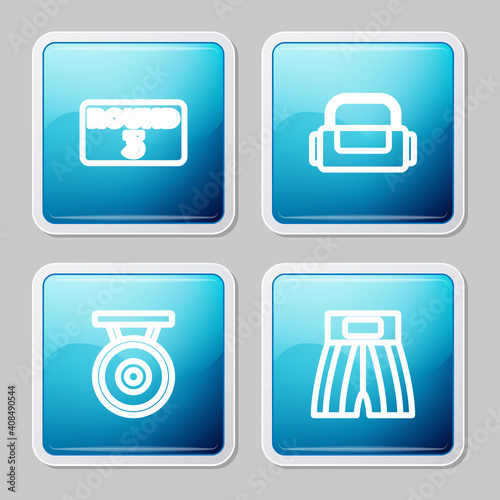 Set line Boxing ring board, Sport bag, Gong and short icon. Vector.