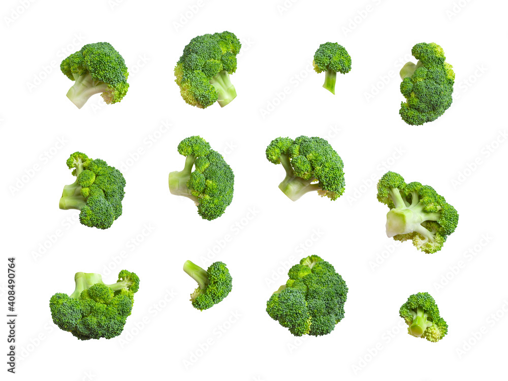 Fresh raw green broccoli isolated on white background. Collection of broccoli in different shapes. Healthy vegetables, diet vegan organic food, vitamins, cooking ingredient. Broccoli abstract pattern Fresh raw green broccoli isolated on white background. Collection of broccoli in different shapes. Healthy vegetables, diet vegan organic food, vitamins, cooking ingredient. Broccoli abstract pattern