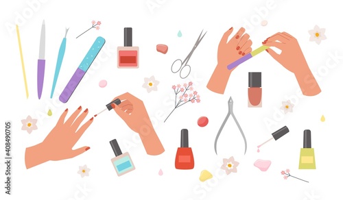 Manicure set. Red nail polish finger nail file and scissors glamorous cosmetics art with tweezers and colored bottles of coloring liquid beautiful hand skin care and polishing. Vector trendy style.