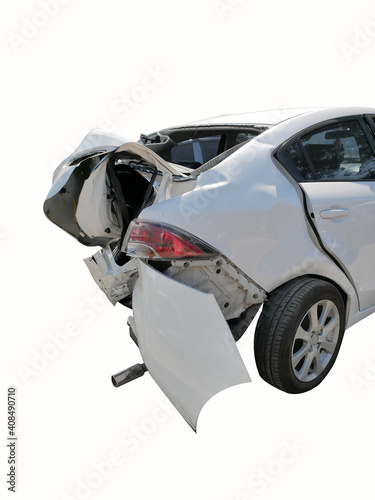 Wreck of car destroyed at the rear side isolated and clipping path