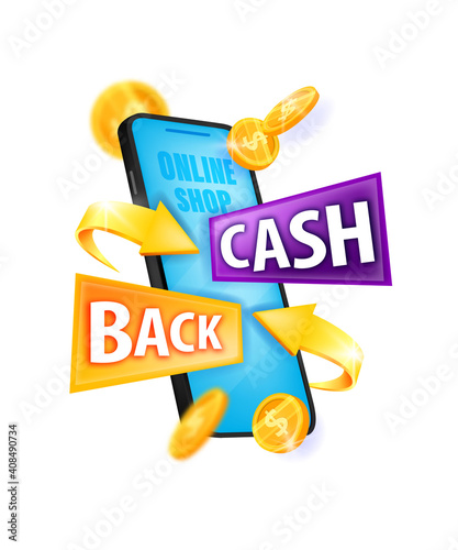 Cash back money reward, internet shopping bonus program vector logo, sticker with smartphone screen. Online saving concept with golden dollar coins, arrows. Cash back finance sticker isolated on white