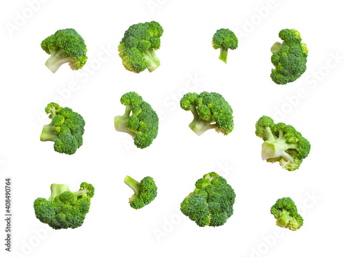 Fresh raw green broccoli isolated on white background. Collection of broccoli in different shapes. Healthy vegetables, diet vegan organic food, vitamins, cooking ingredient. Broccoli abstract pattern