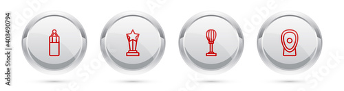 Set line Punching bag, Award cup, and Boxing training paws. Silver circle button. Vector.