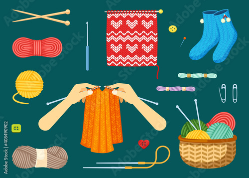 Knitting set. Textile handicrafts with red and yellow skeins woolen threads knitting needles warm blue socks with decorative beginning of sweater natural knitted jersey. Cartoon vector cotton.