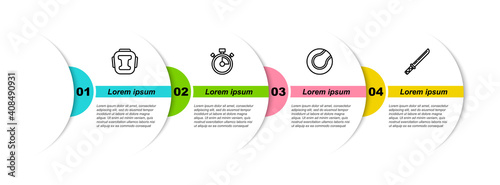Set line Boxing helmet, Stopwatch, Tennis ball and Japanese katana. Business infographic template. Vector.