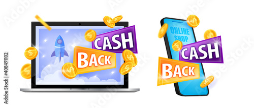 Cash back vector internet money saving offer stickers with laptop screen, smartphone isolated on white. Finance business web reward bonus program with dollar coins. Cash back gift logo, label icon set