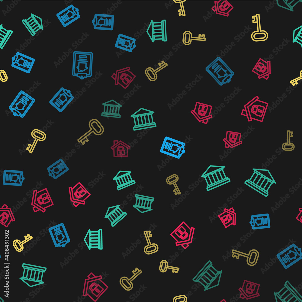 Set line House contract, Museum building, key and under protection on seamless pattern. Vector. Set line House contract, Museum building, key and under protection on seamless pattern. Vector.