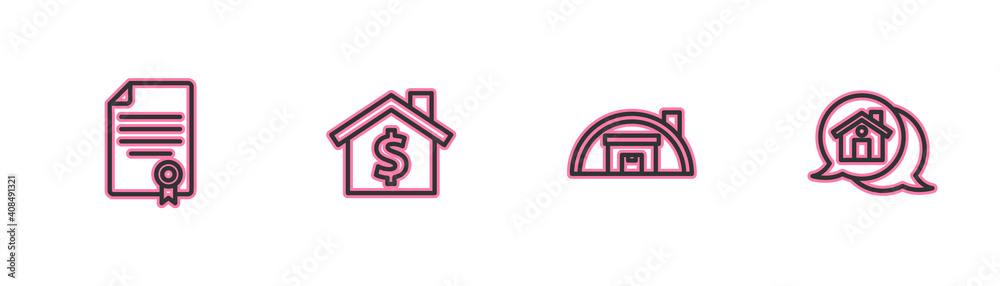 Set line House contract, Warehouse, with dollar symbol and Real estate message icon. Vector. Set line House contract, Warehouse, with dollar symbol and Real estate message icon. Vector.