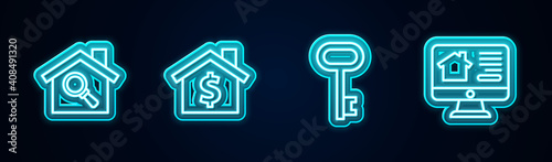 Set line Search house, House with dollar symbol, key and Online real estate. Glowing neon icon. Vector.
