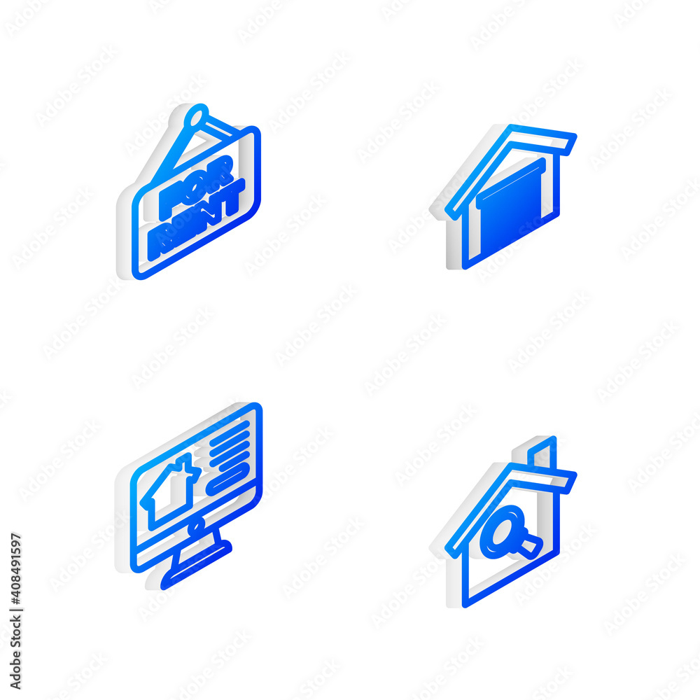 Set Isometric line Garage, Hanging sign with For Rent, Online real estate house and Search icon. Vector. Set Isometric line Garage, Hanging sign with For Rent, Online real estate house and Search icon. Vector.