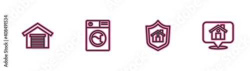 Set line Garage, House with shield, Washer and Location house icon. Vector.