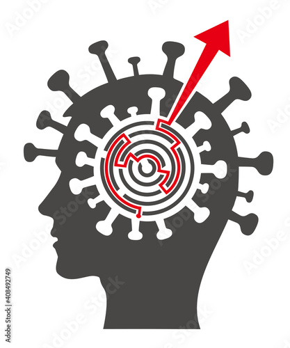 Escape from depression and stress in  coronavirus pandemic time, maze concept.
Illustration of stylized male Head coronavirus silhouette with labyrinth and arrow coming out of the head. 