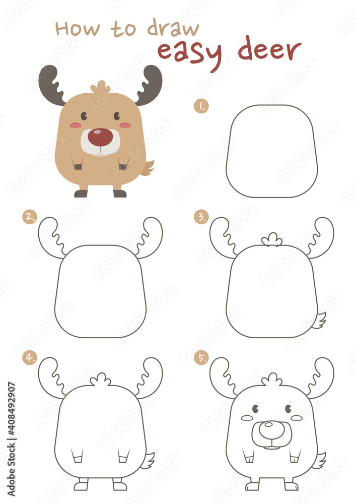 How to draw a deer vector illustration. Draw a reindeer step by step. fat reindeer  drawing guide. Cute and easy drawing guidebook. Stock Vector | Adobe Stock