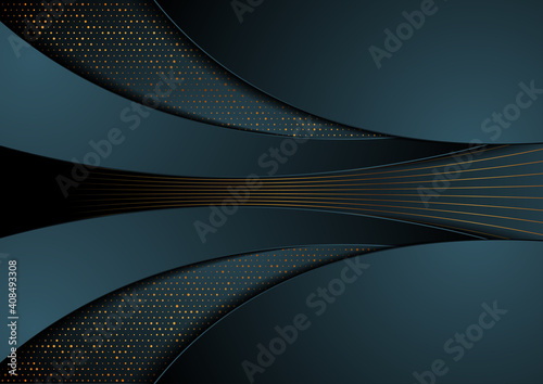 Dark blue and golden abstract tech wavy background. Luxury glitter dots concept vector design