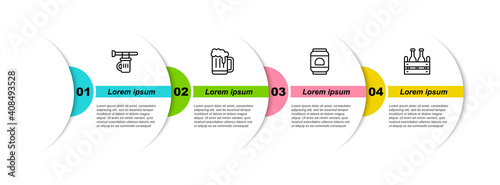 Set line Signboard with glass of beer, Wooden mug, Beer can and Pack bottles. Business infographic template. Vector.